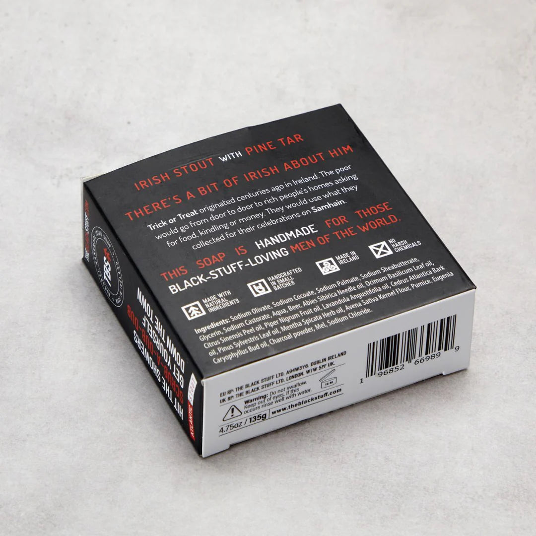 Back of a soap packaging box with text on a light gray background