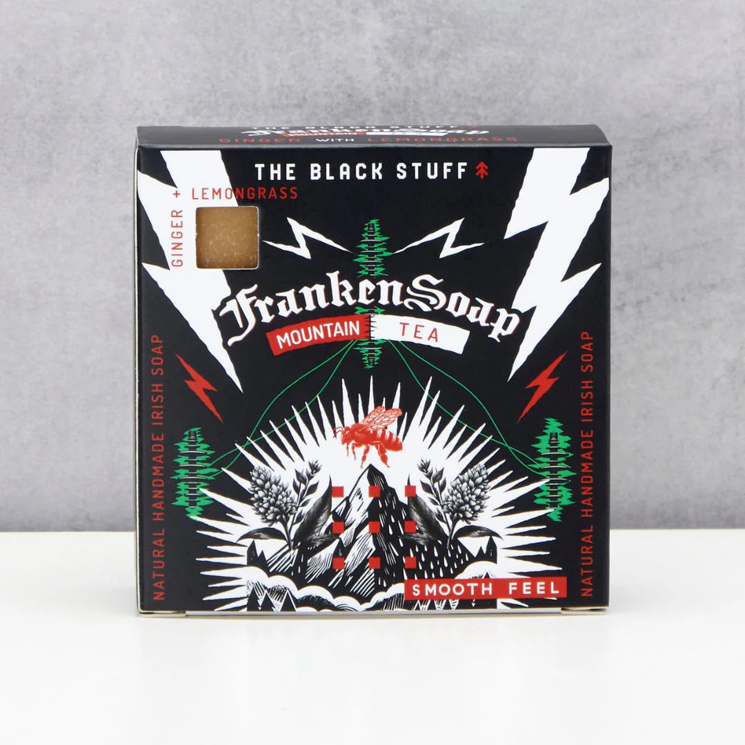 Box of Franken Soap with mountain design on a gray background