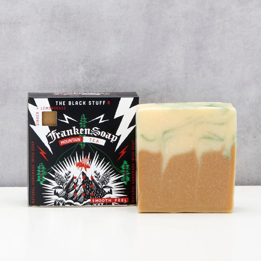 Bar of soap with a black box labeled 'FrankenSoap' on a gray background