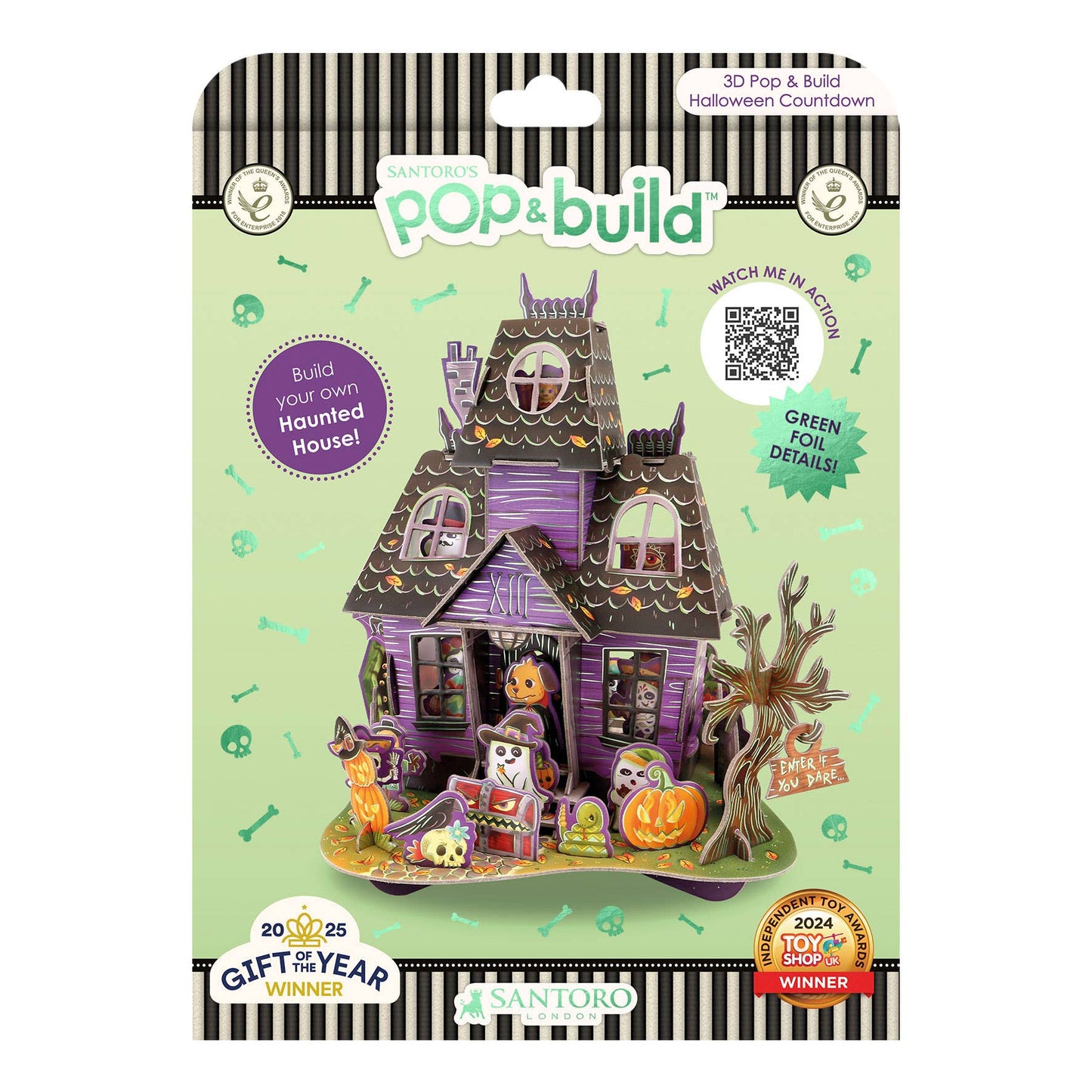 Halloween-themed toy house packaging with colorful design and text on a white background