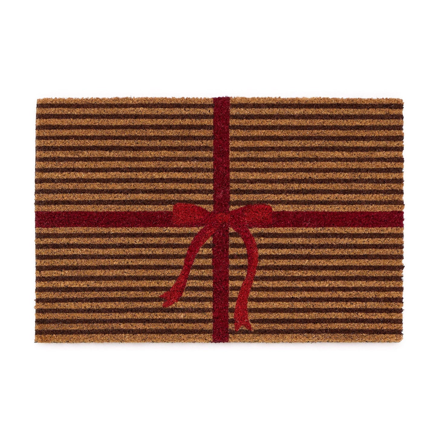 Doormat with brown stripes and a red bow on a white background