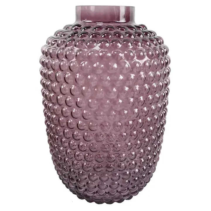A mulberry purple glass vase with a bubble embossed pattern.