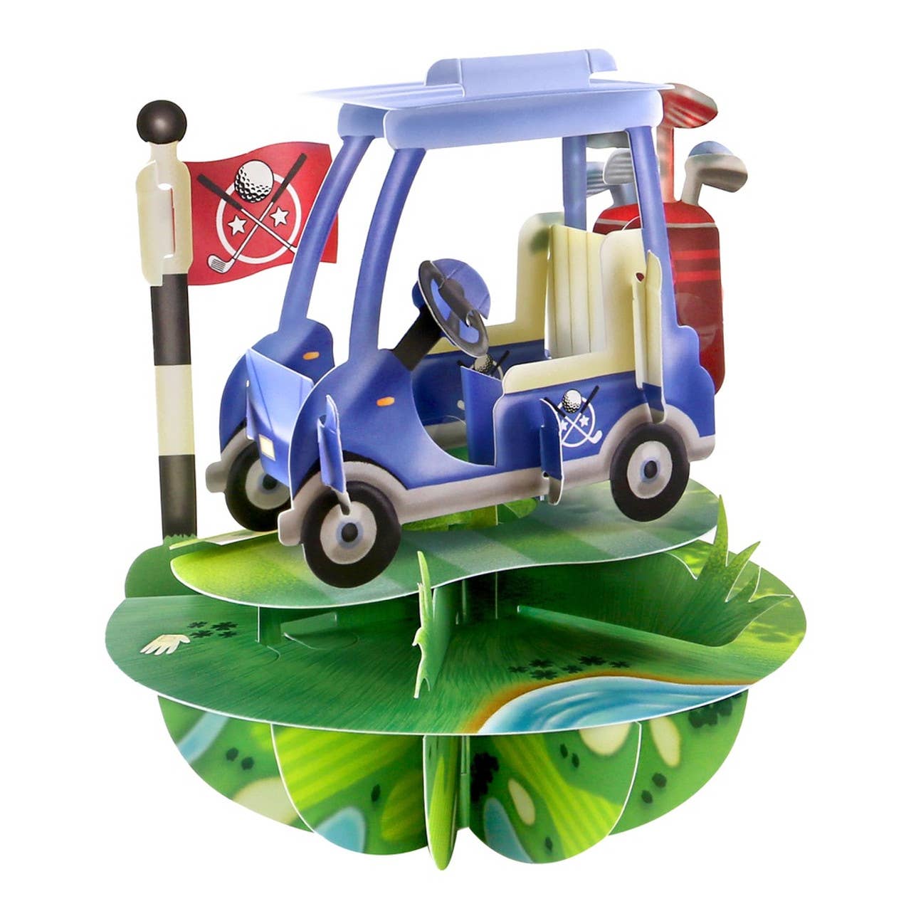3D pop-up card with a golf cart and flag on a green base