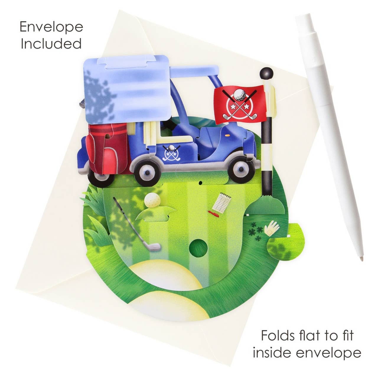 Golf-themed card with a golf cart and flag on a green background, folded to fit inside an envelope.