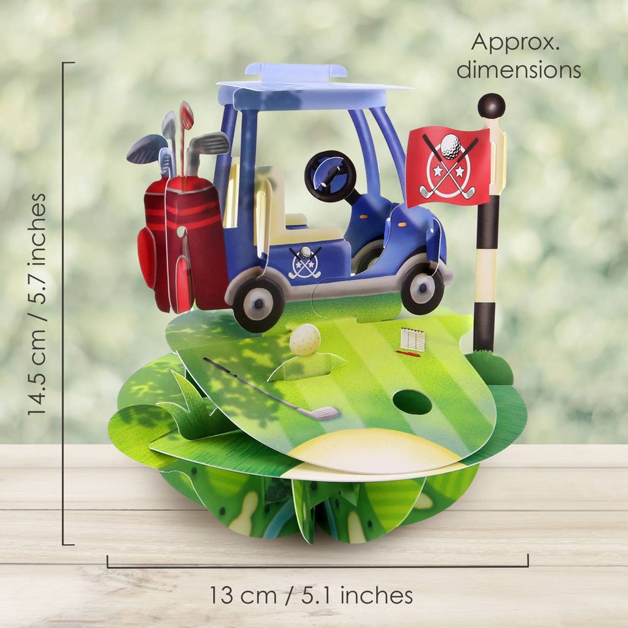 Golf-themed 3D card with a golf cart, clubs, and flag on a wooden surface with a blurred green background.
