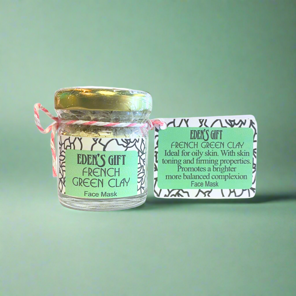 Jar of Eden's Gift French Green Clay Face Mask with packaging on a green background