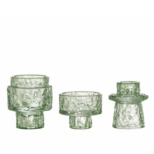 A set of three green glass candle holders with a textured, bubbled design, displayed in three different sizes.