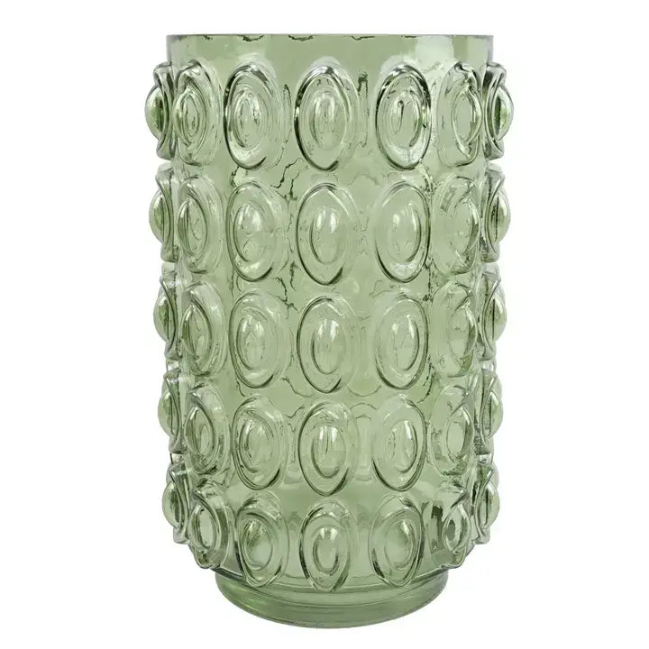 A green retro style glass vase with an embossed bubble pattern.