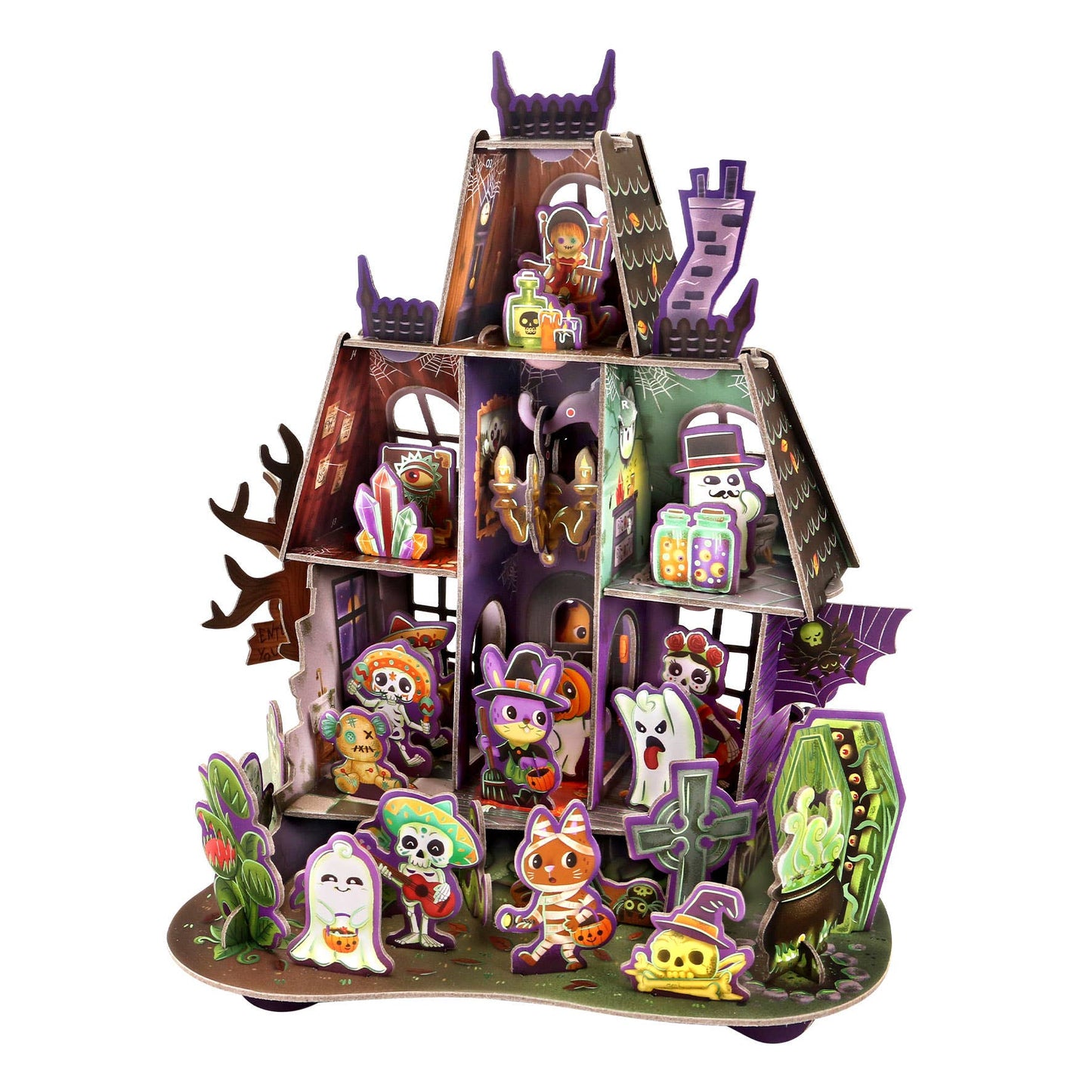 Halloween-themed toy set with various characters and decorations on a white background