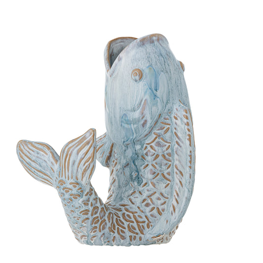 A light blue stoneware vase designed in the shape of a fish with detailed patterns on its surface.