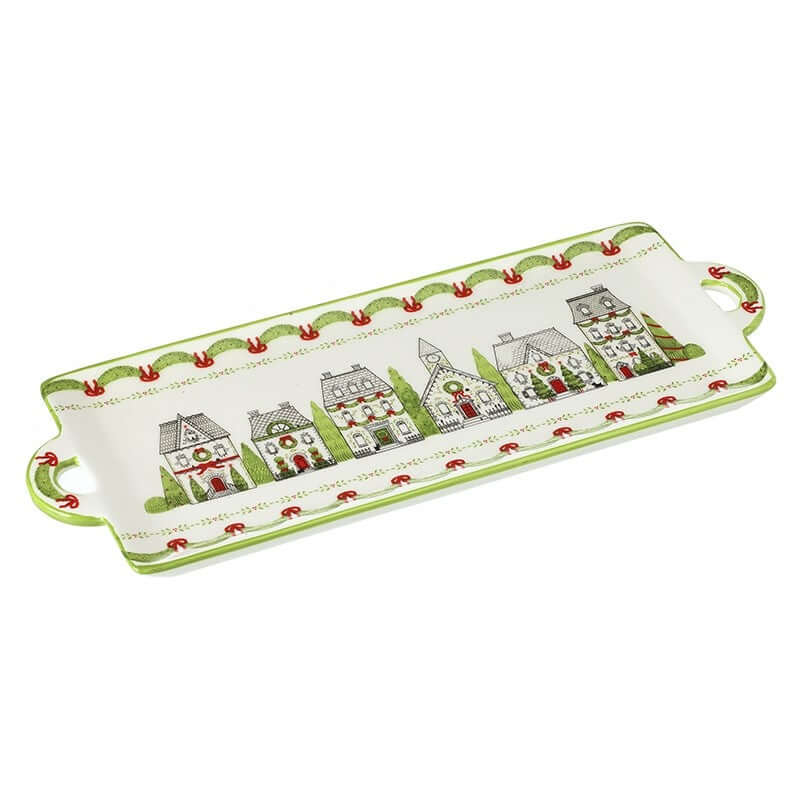 Decorative tray with house and tree pattern on a white background