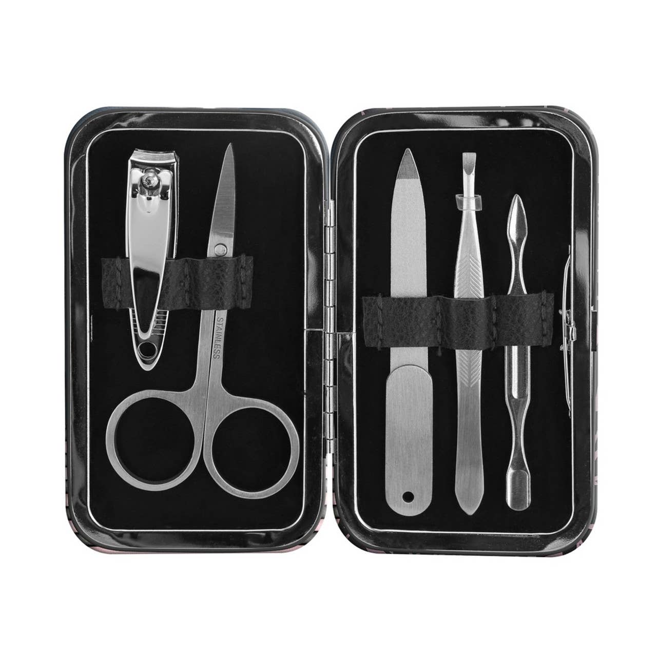 Manicure set with scissors, nail clippers, and tweezers in a black case on a white background