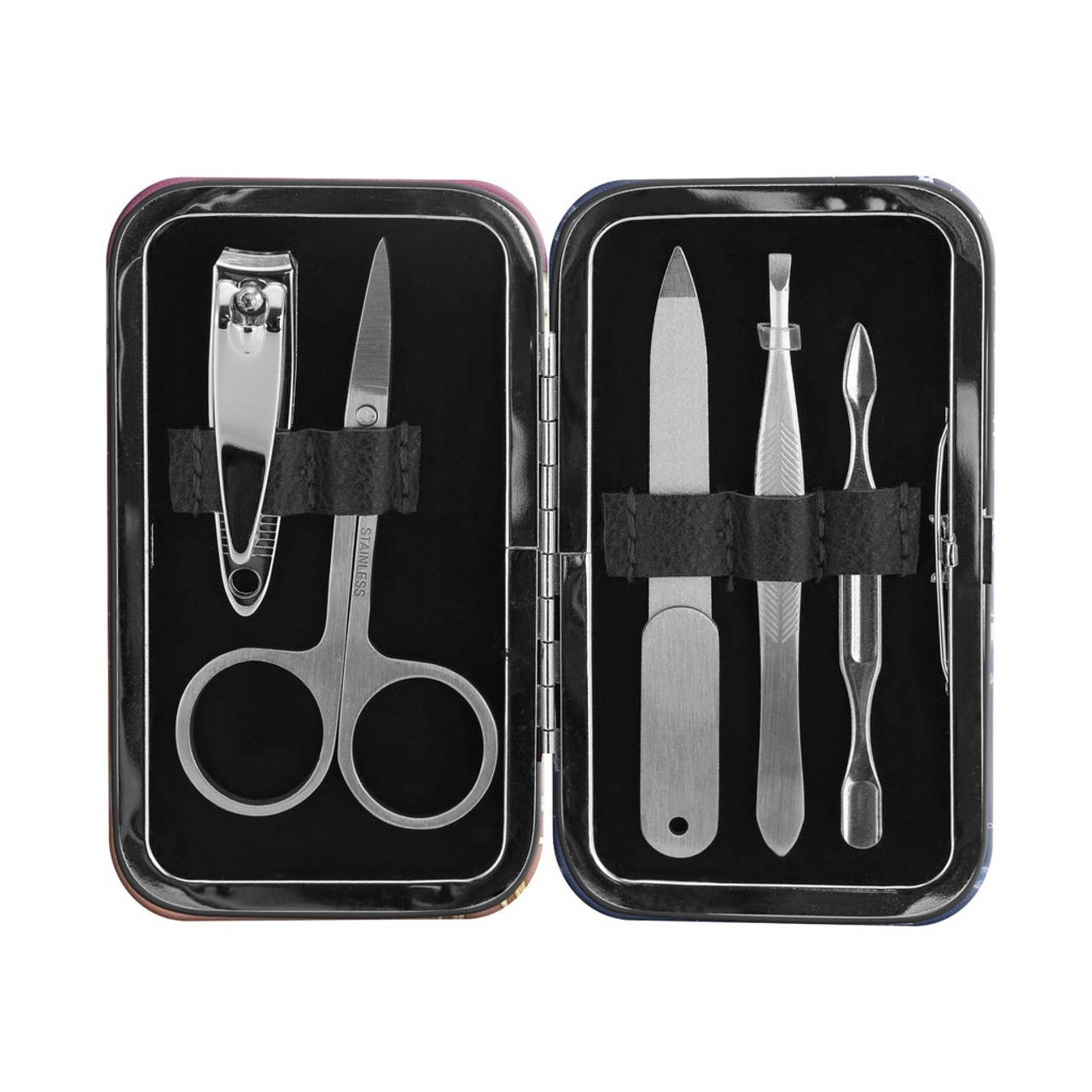 Manicure set with scissors, nail clippers, and tweezers in a black case on a white background