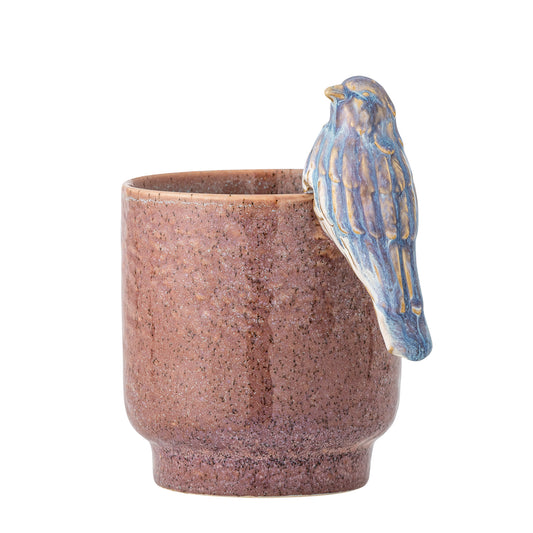 Creative Collection Larky Flowerpot | Hand-Glazed Stoneware Plant Pot with bird. On white background. Front view