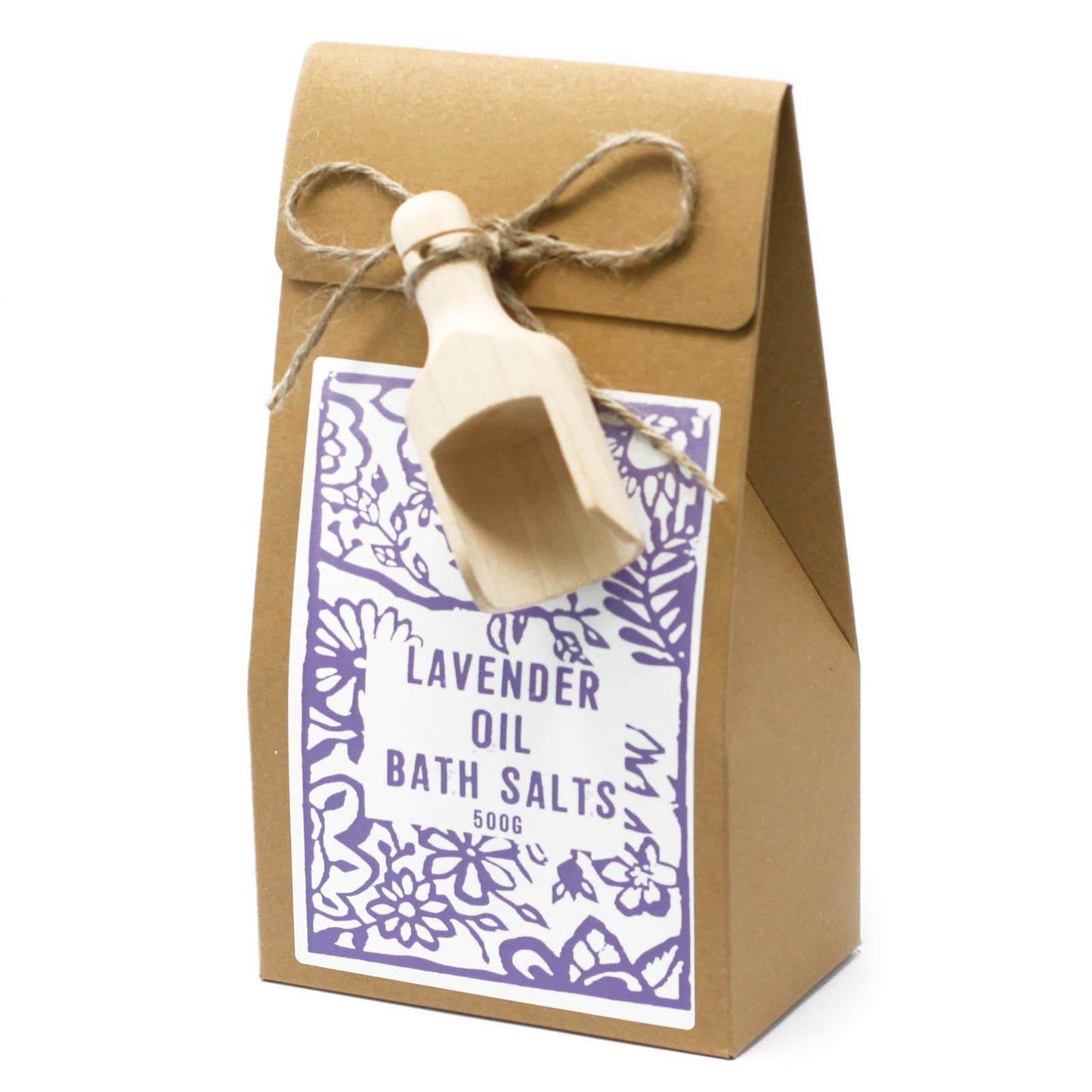 A package of Himalayan lavender oil bath salts with a wooden scoop and a floral design on the packaging.