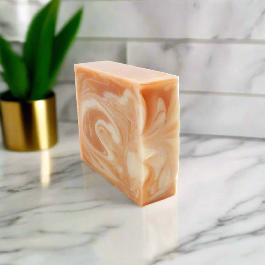 A handmade soap bar 'Lavender & Pink Clay'.