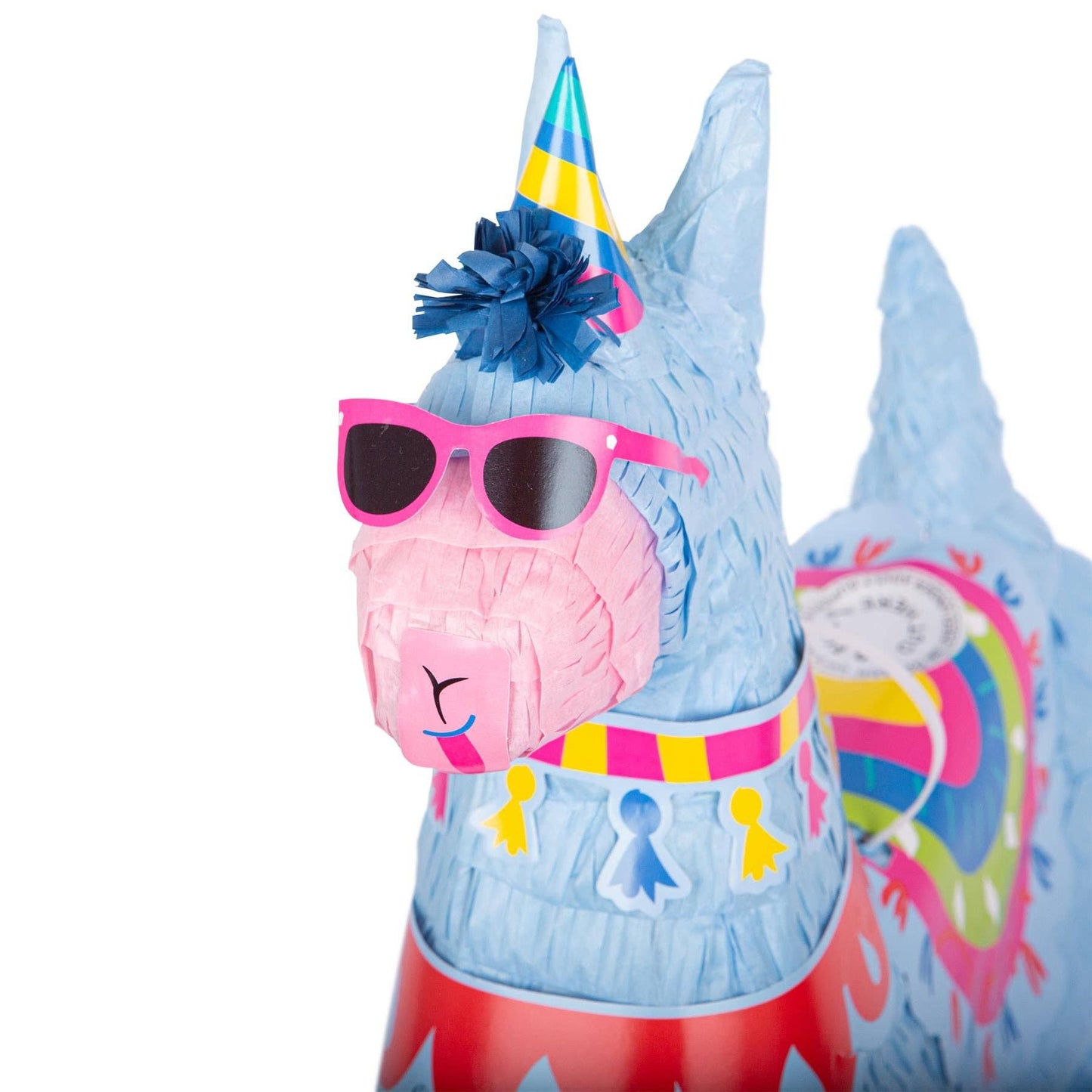 Colorful llama figurine with sunglasses and party hat on a white background