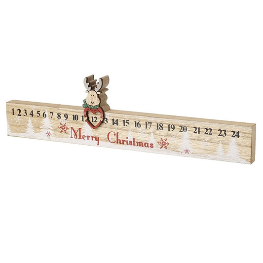 Wooden advent calendar with reindeer charm on a white background