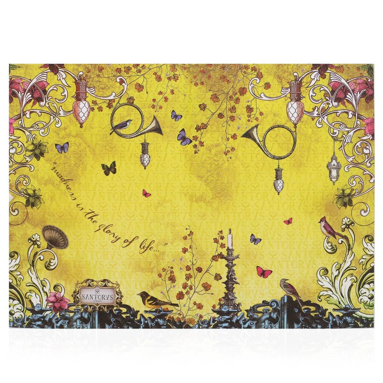 Decorative yellow background with intricate designs, birds, and butterflies.