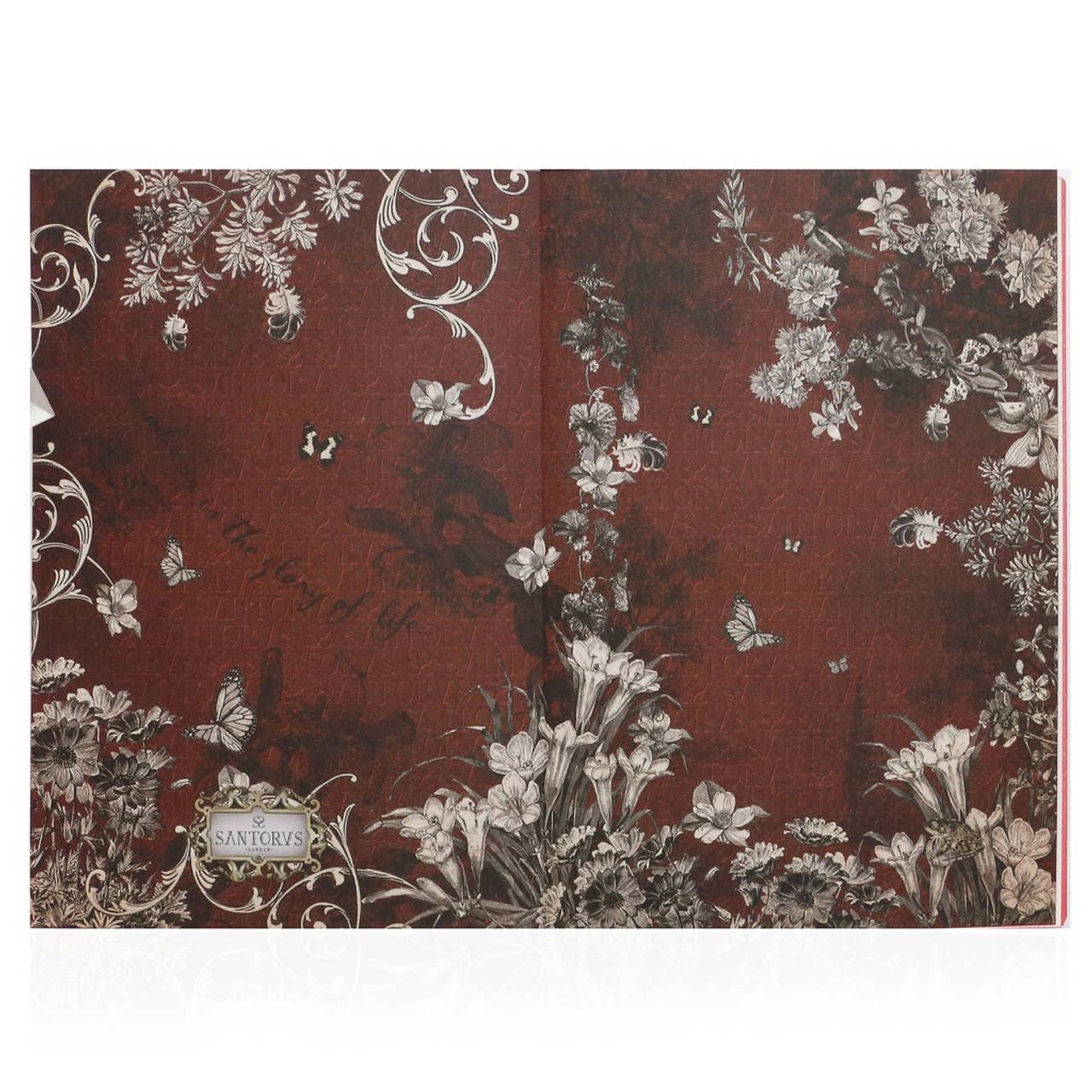 Floral and butterfly pattern on a red background with 'Santore' branding.