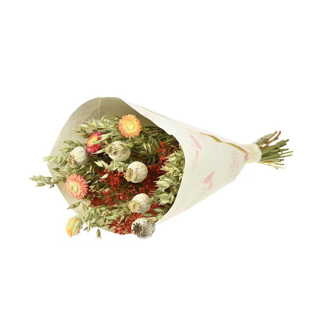 Bunch of dried flowers in soft peaches and red.