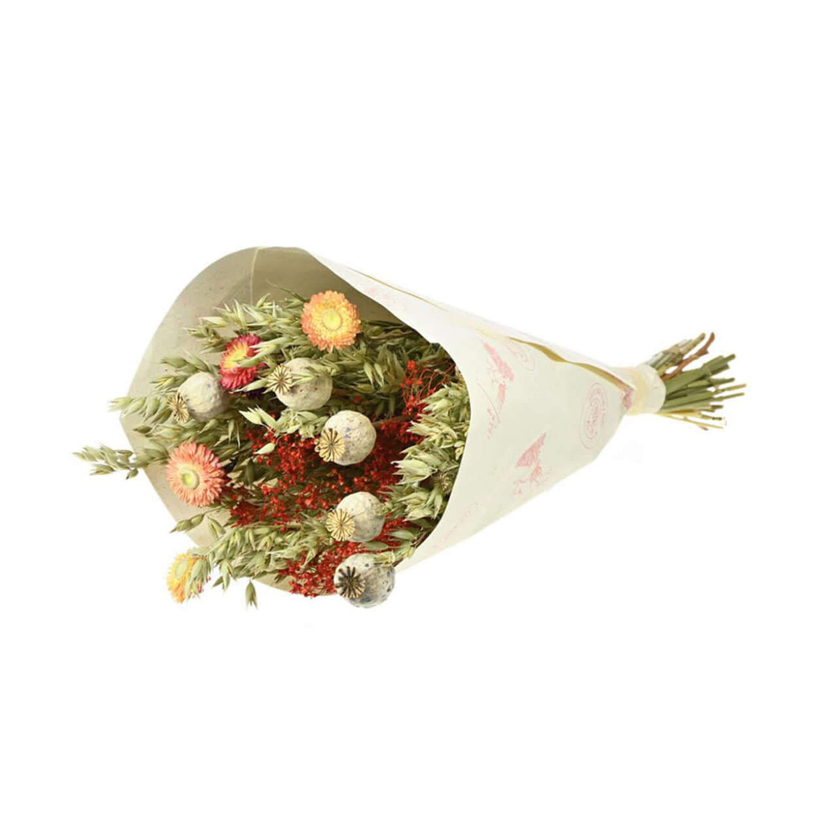 Bunch of dried flowers in soft peaches and red.