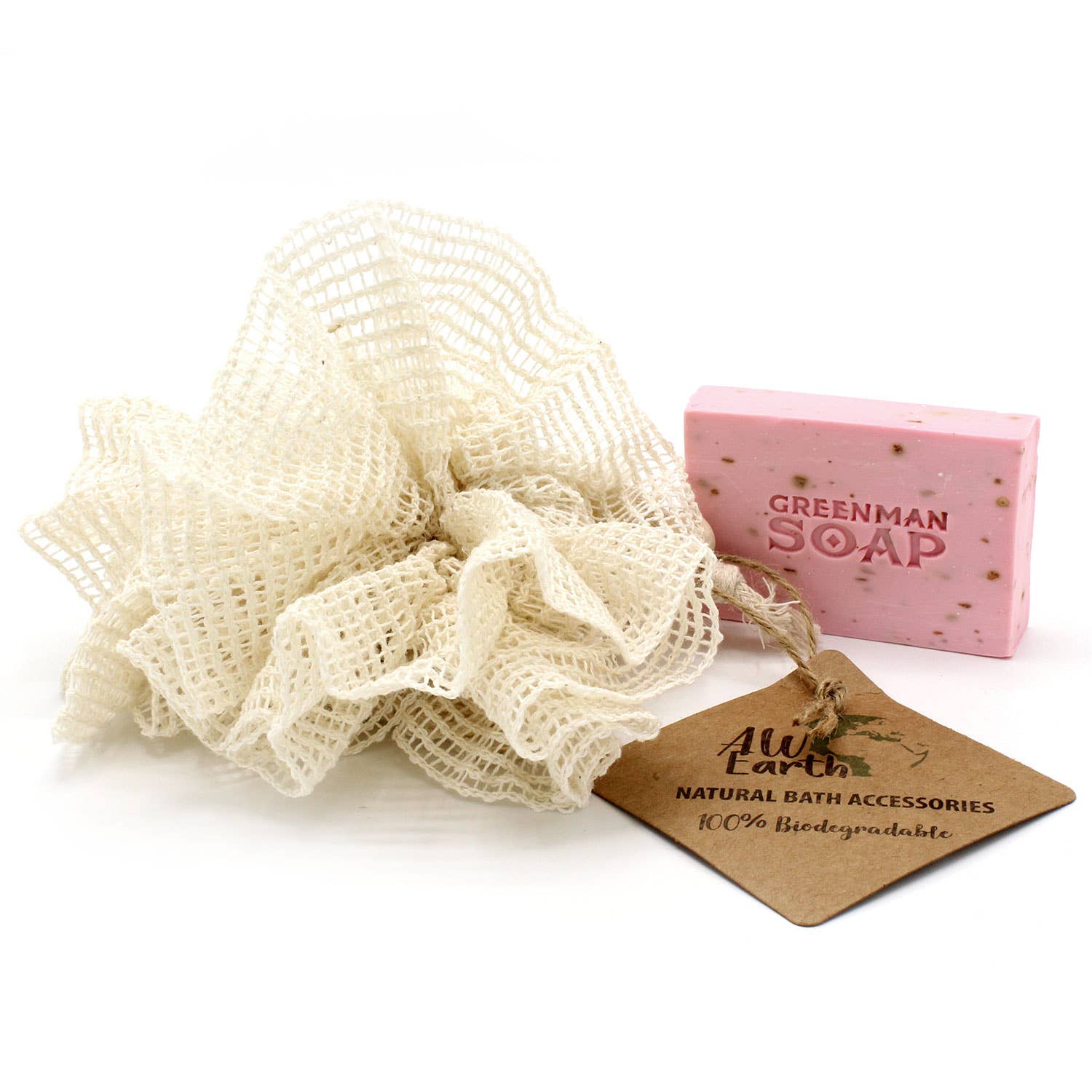 A natural beige sisal shower puff with a cotton hanging loop, labeled as 100% biodegradable and part of a natural bath accessories range with a bar of soap on white background