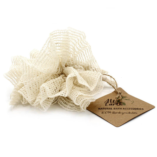 A natural beige sisal shower puff with a cotton hanging loop, labeled as 100% biodegradable and part of a natural bath accessories range.