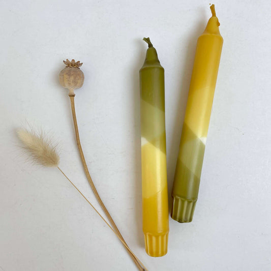 Olive Green and Mustard Yellow Dip Dyed Dinner Candles