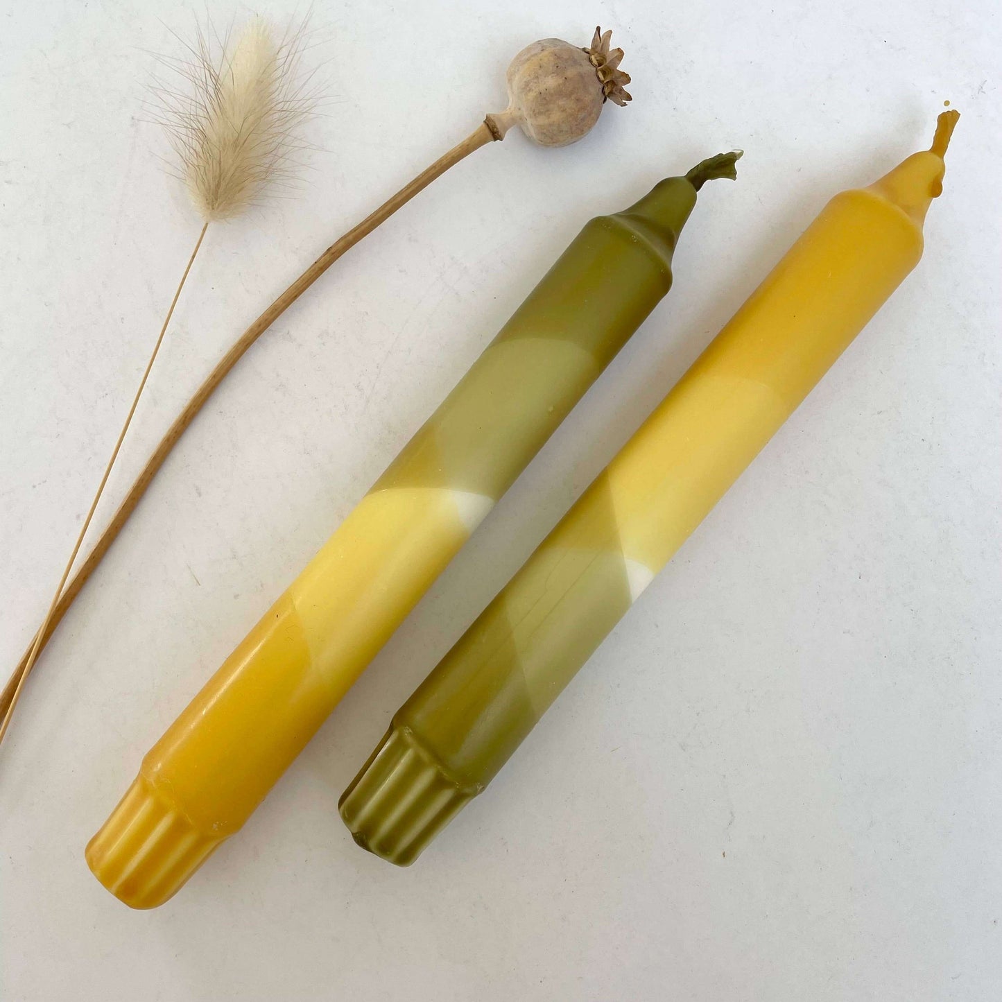 Olive Green and Mustard Yellow Dip Dyed Dinner Candles