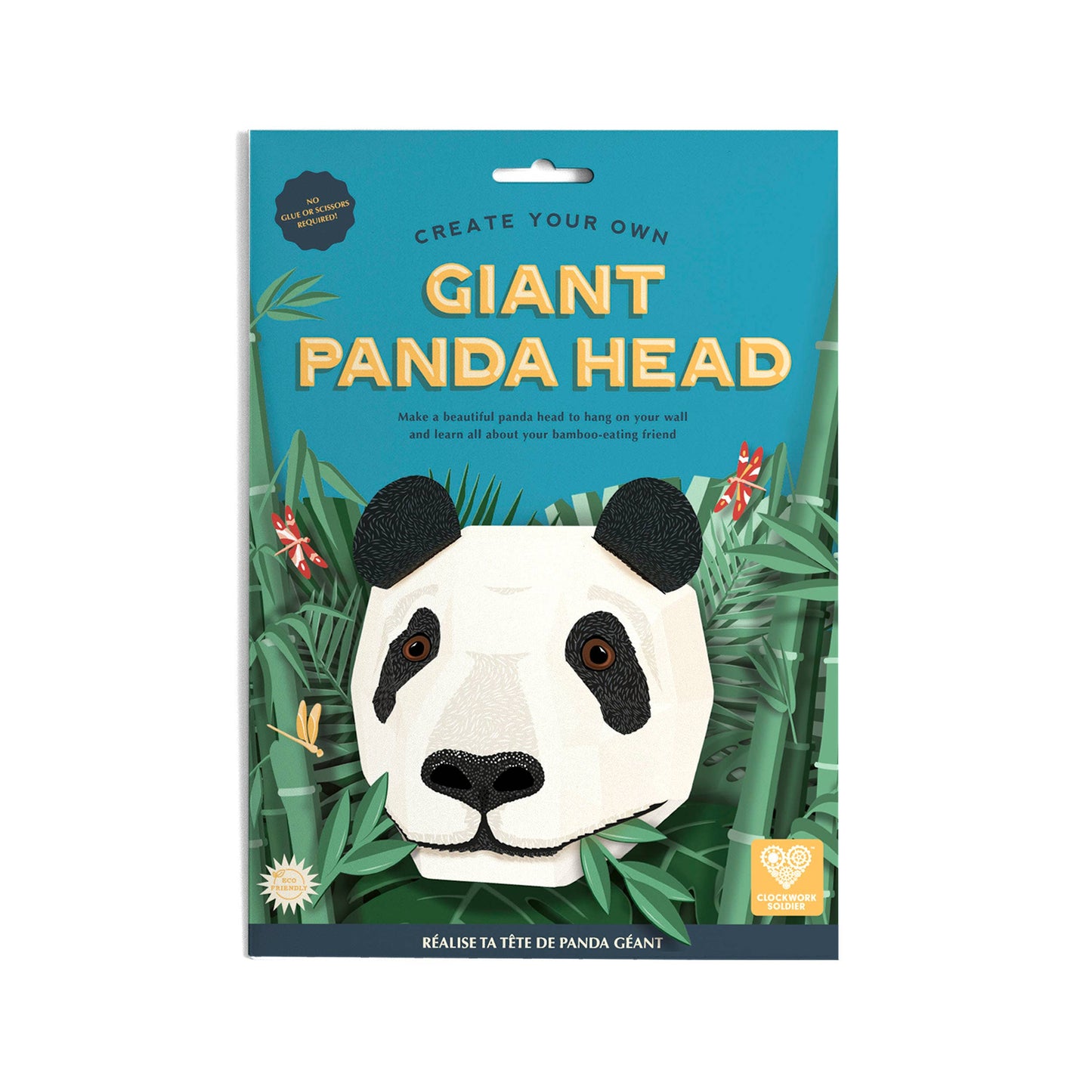 Packaging for 'Create Your Own Giant Panda Head' with panda illustration and green leaves on a blue background.