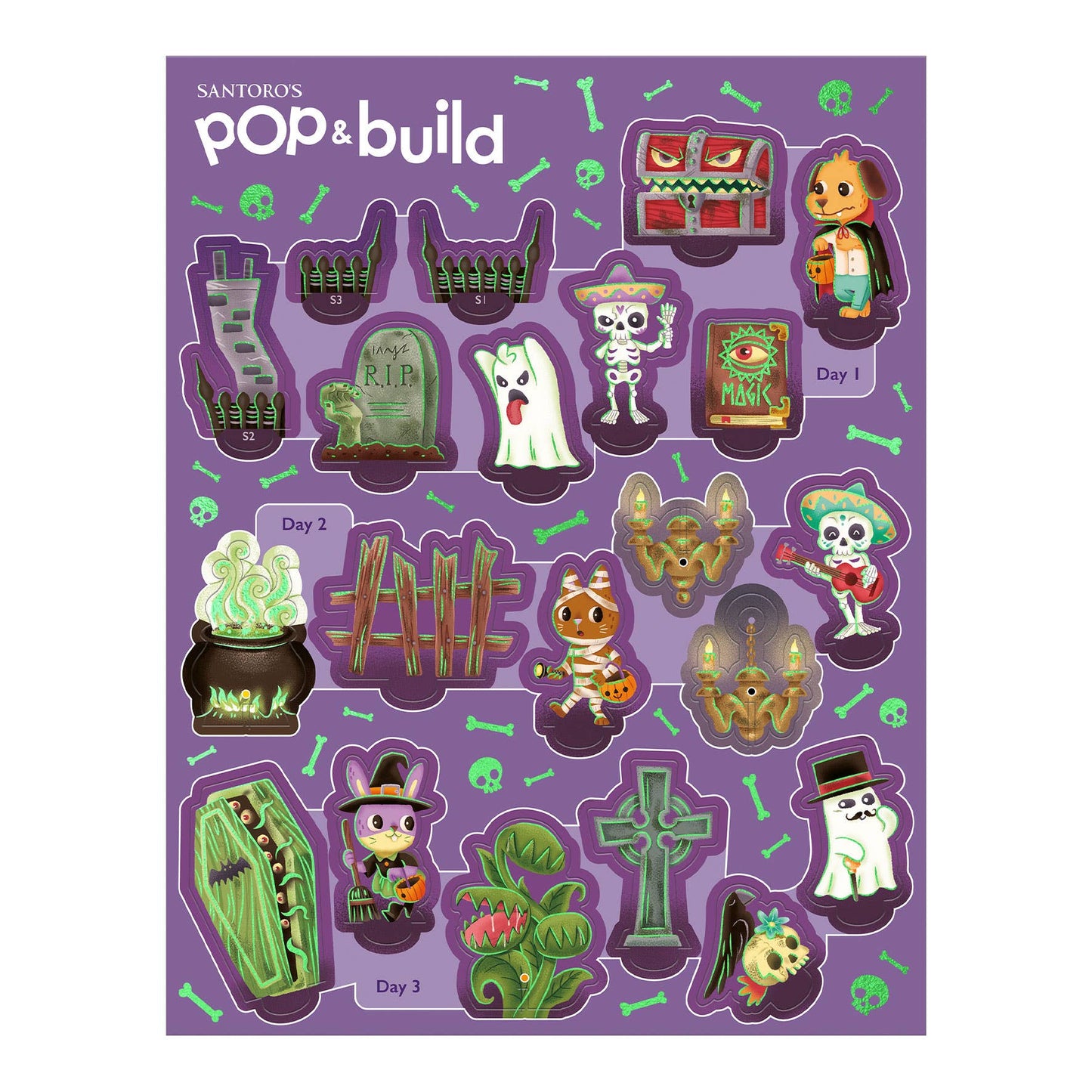 Halloween-themed building pop out set on a purple background with 'Pop & Build' branding.