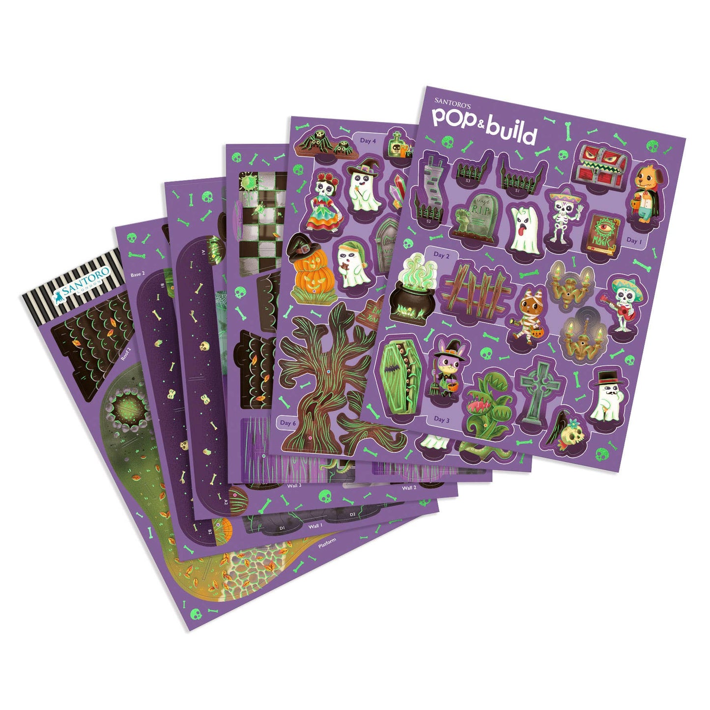 Set of Halloween-themed pop out sheets with various designs on a white background