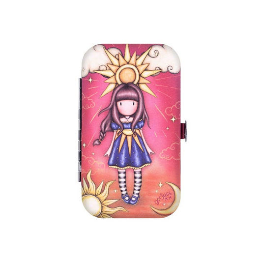 Manicure set case with a girl and sun design on a pink background