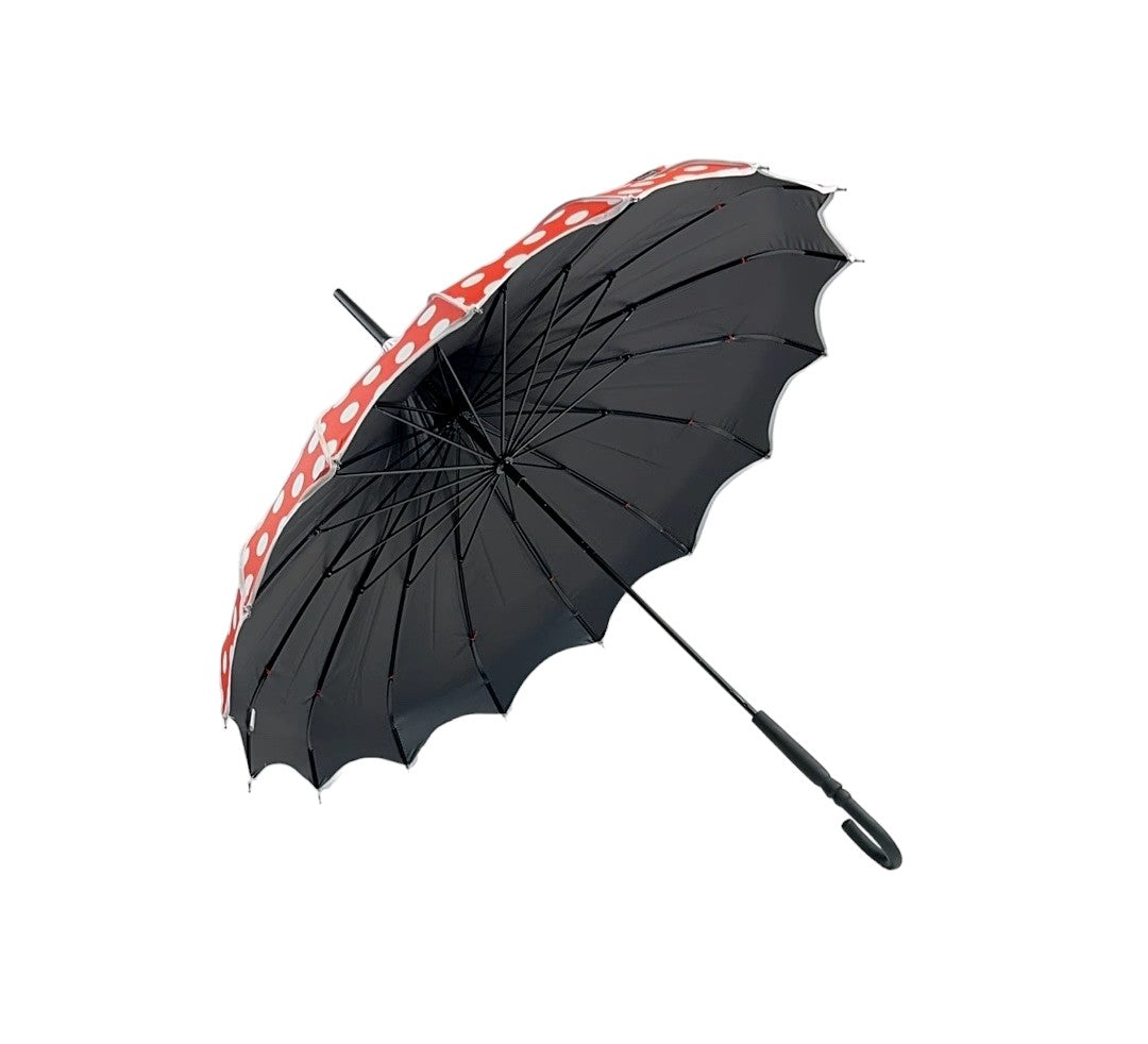 Black umbrella with a red floral pattern on a white background