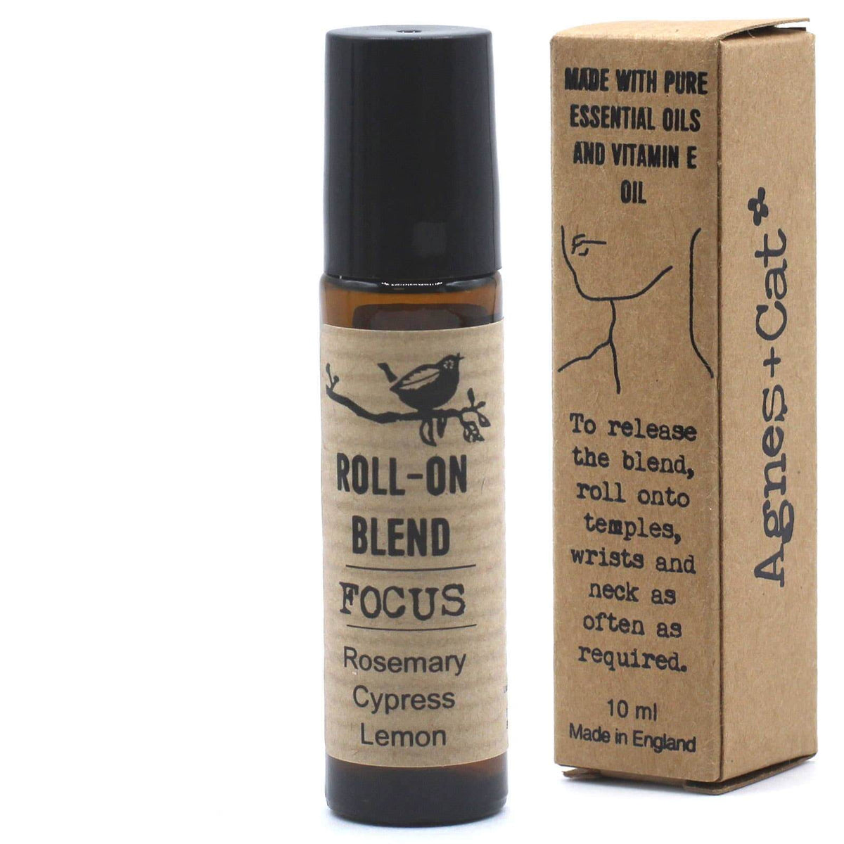 Agnes + Cat Roll on blend bottle sitting beside the back of its box on a white background