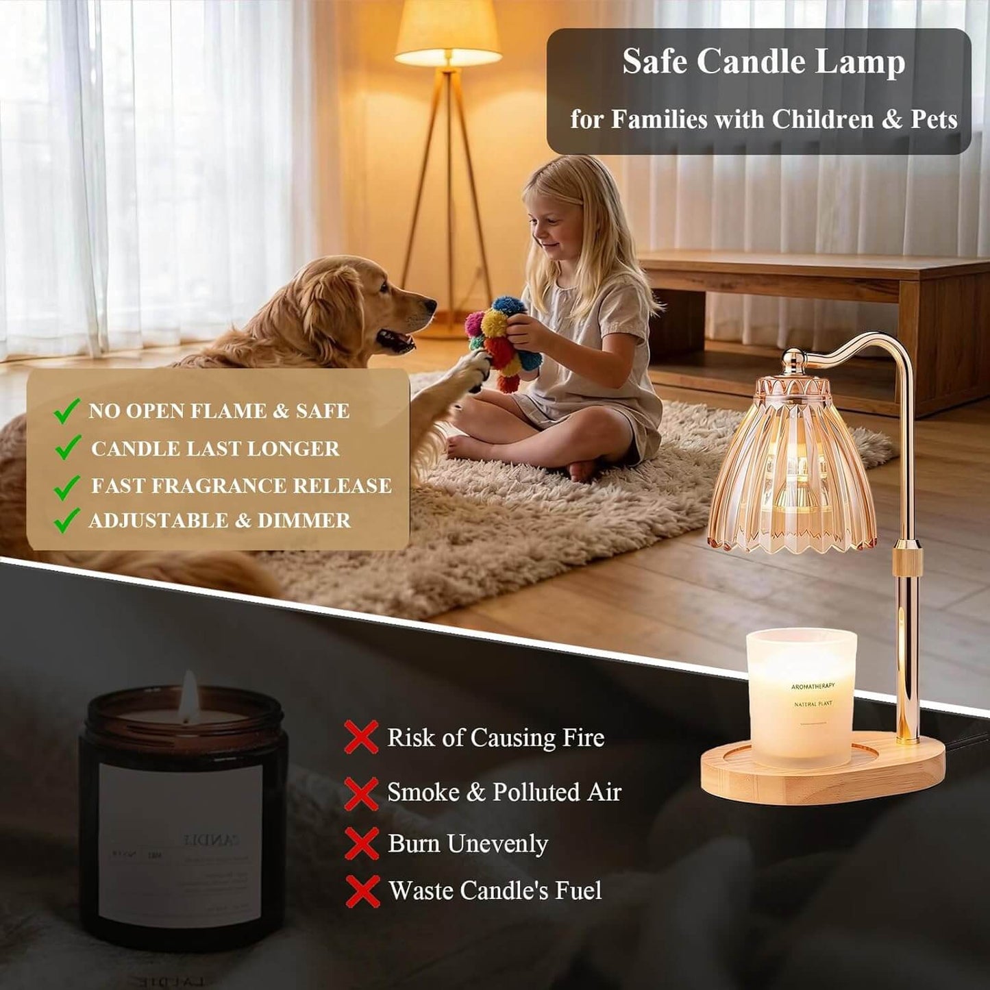 Safe candle lamp with child and dog in a room, highlighting safety features.