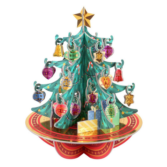 Colorful Christmas tree-shaped card with decorations on a white background