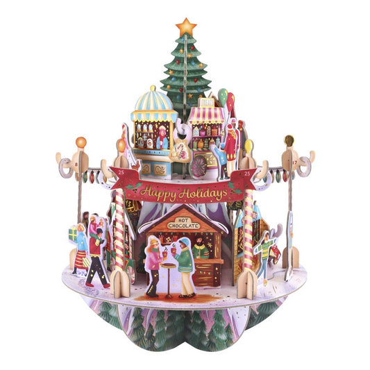 Christmas-themed miniature village 3d advent calendar with a carousel and festive decorations on a white background