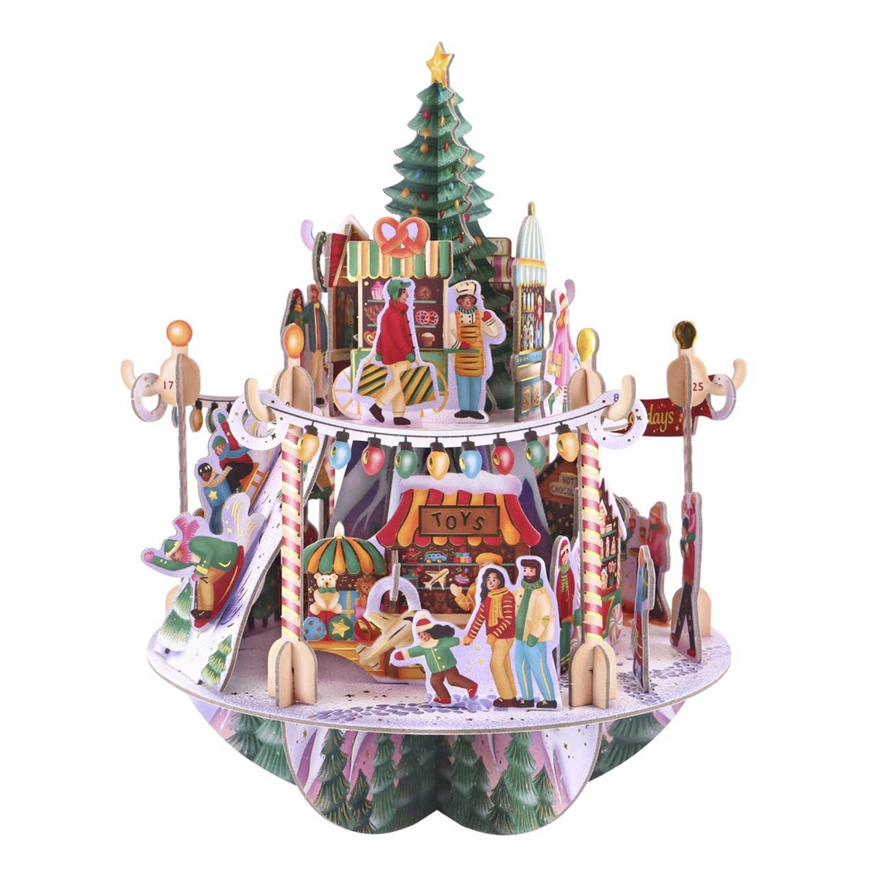 Colorful Christmas village scene 3d advent calendar with a tree, houses, and people on a white background