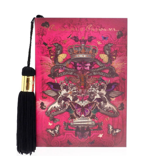 Decorative notebook with intricate designs and a tassel with words curiouser and curiouser on it on a white background