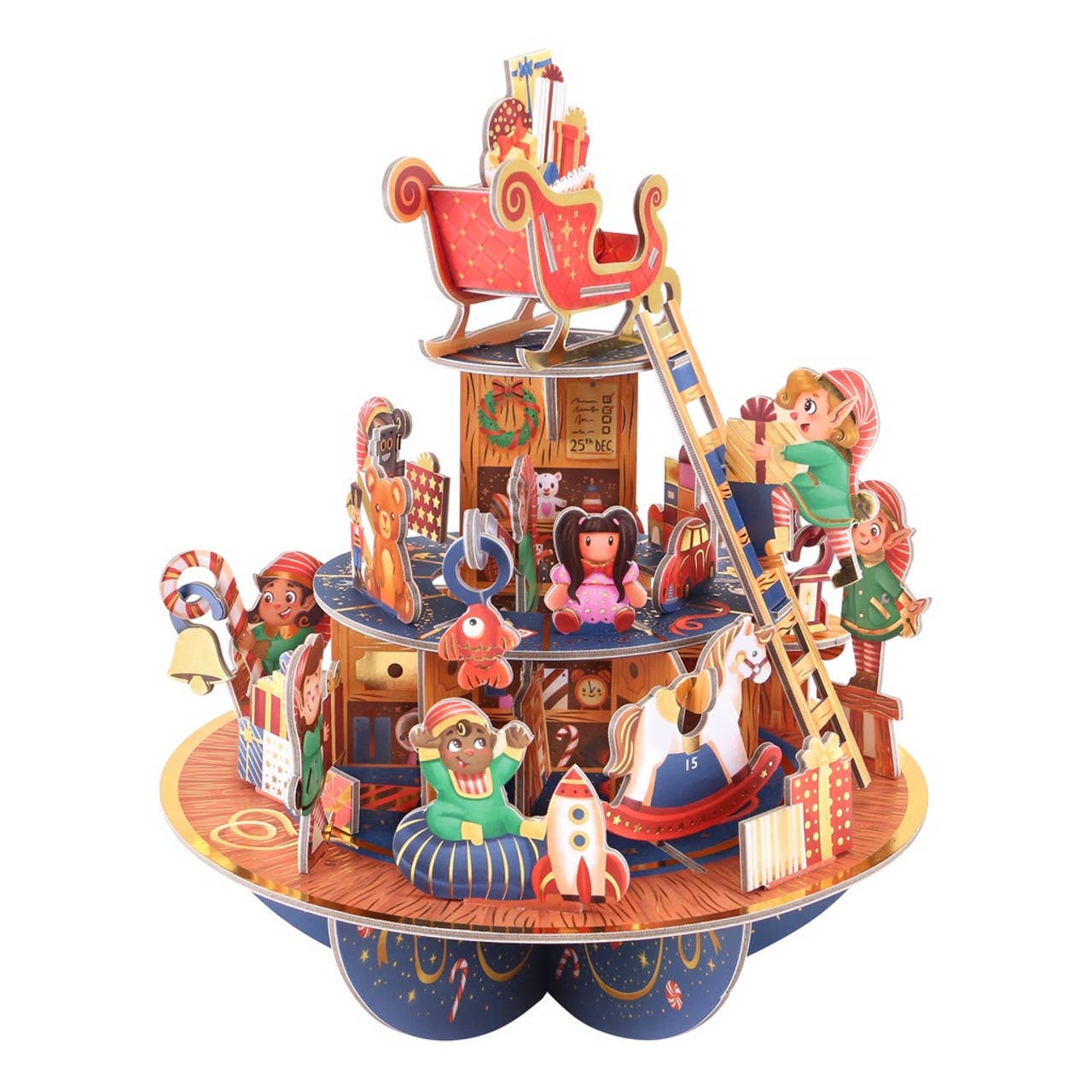 Colorful 3d advent calendar with characters and objects on a white background