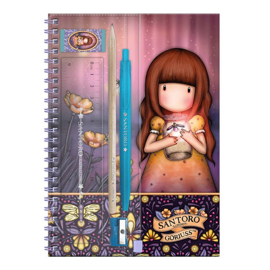 Santoro Gorjuss notebook with illustration of a girl holding a teddy bear, pen, ruler, and pencil on a pink background.