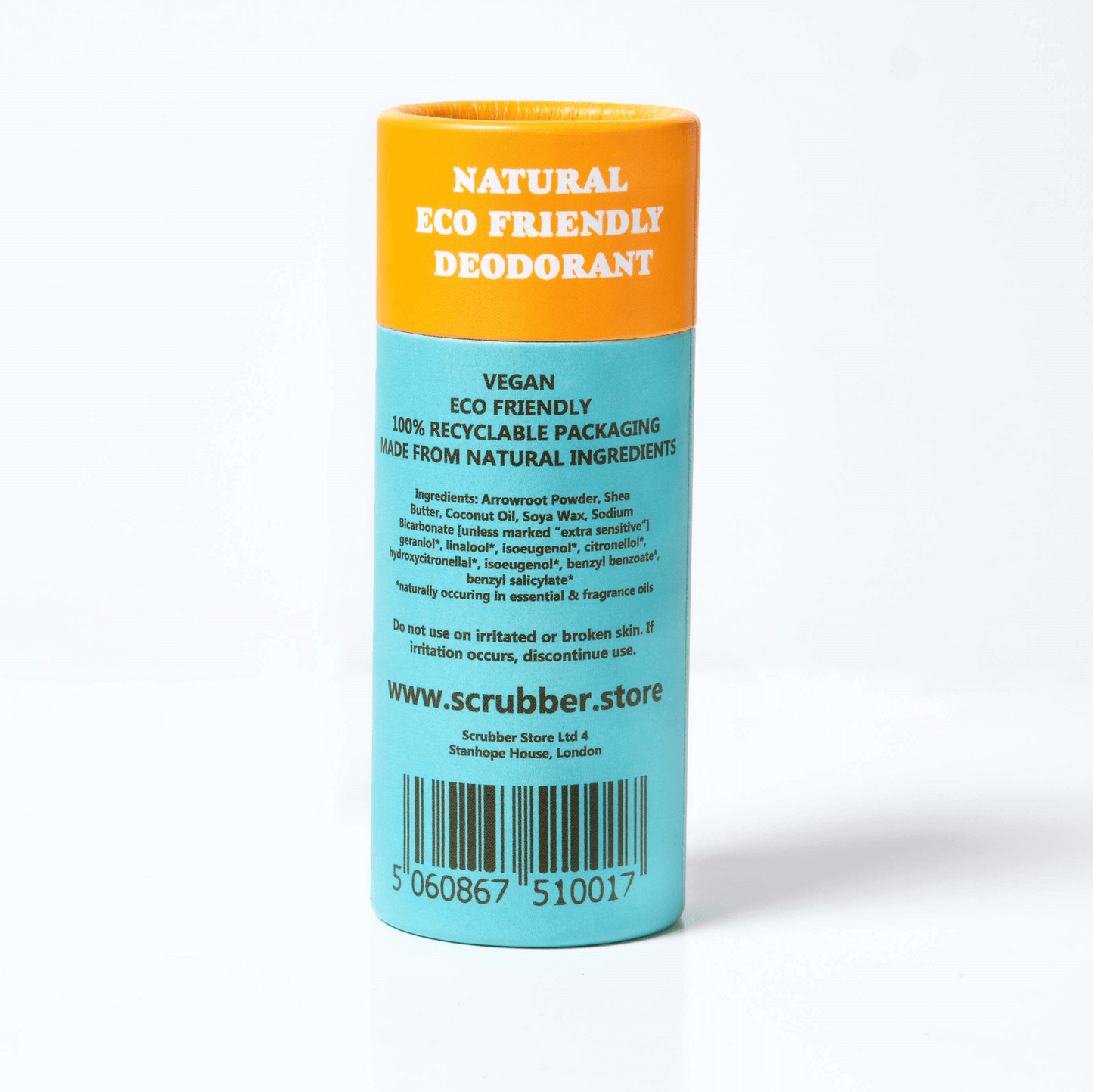 Scrubber Eco Friendly Deodorant Ylang & Rose extra sensitive back view with ingredients and contact details