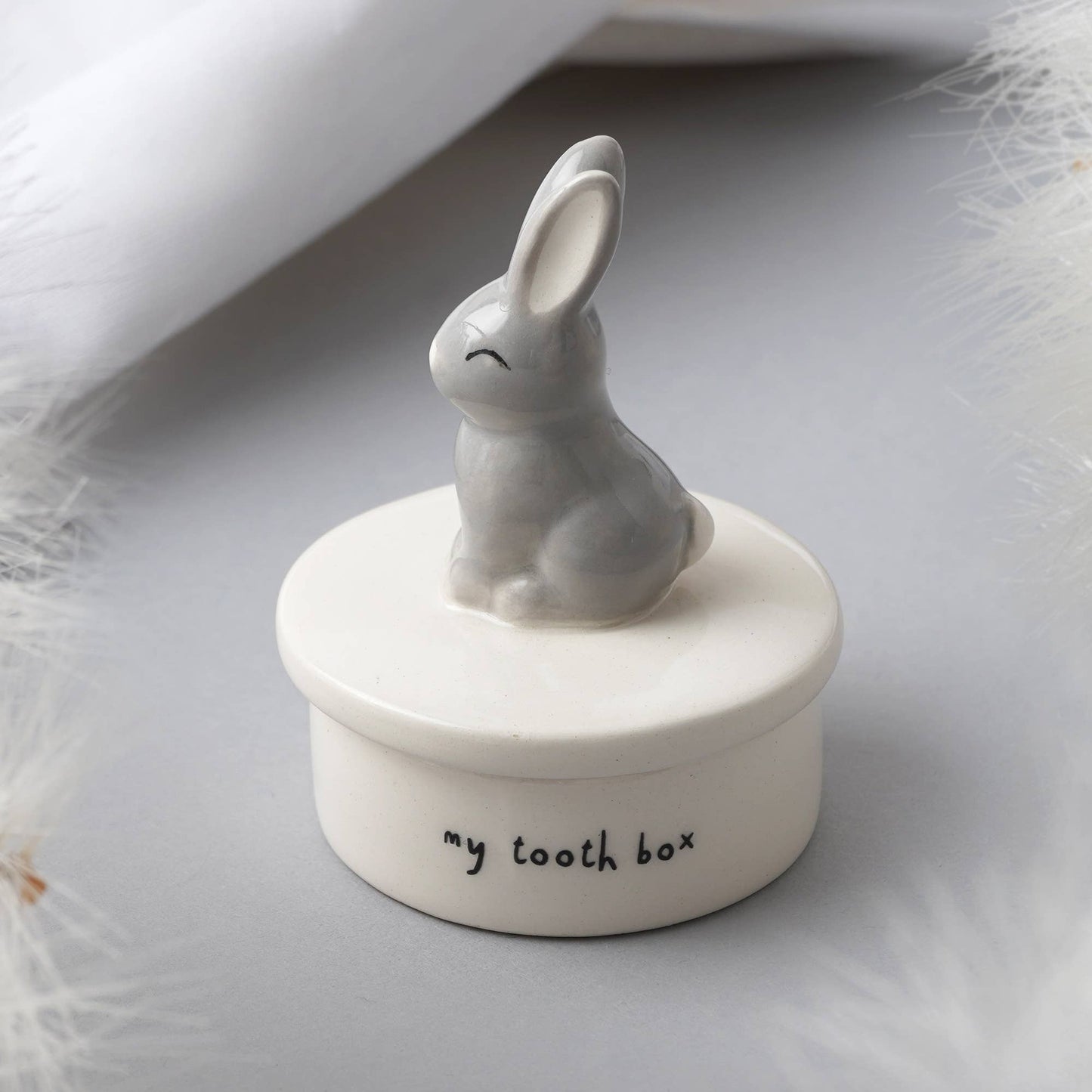 White ceramic tooth box with a rabbit figurine on top, labeled 'my tooth box', on a soft white background.