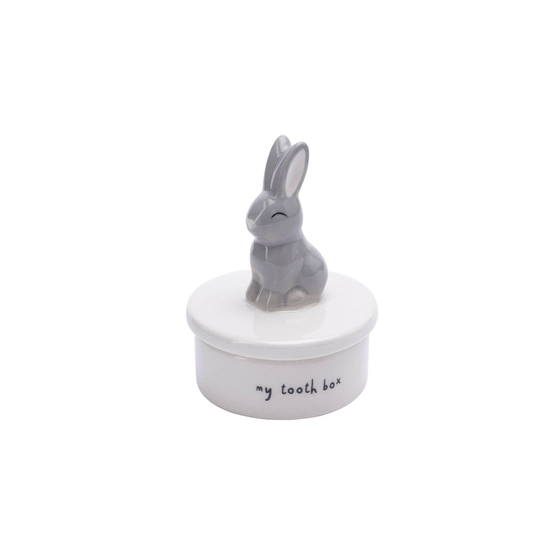 Small round white box with a gray rabbit figurine on top, labeled 'my tooth box' on a white background.