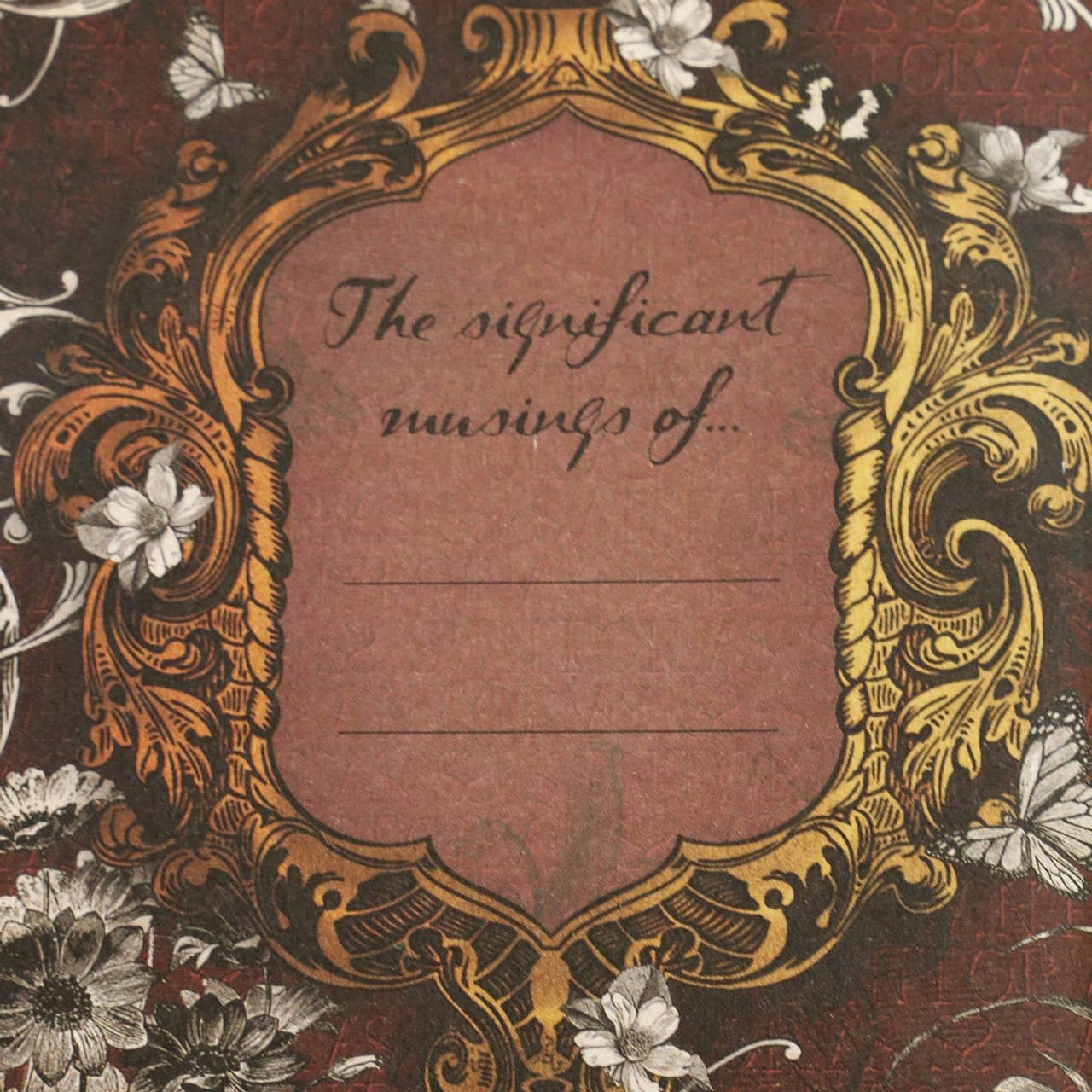 Decorative book cover with gold frame and floral design on a red background