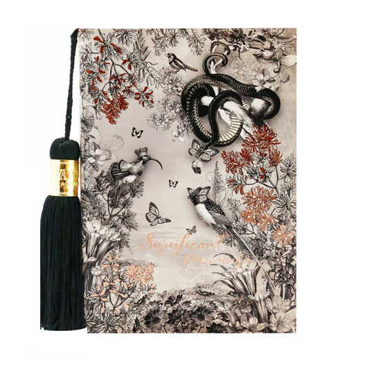 Decorative book with snake and bird illustration and a tassel on a white background