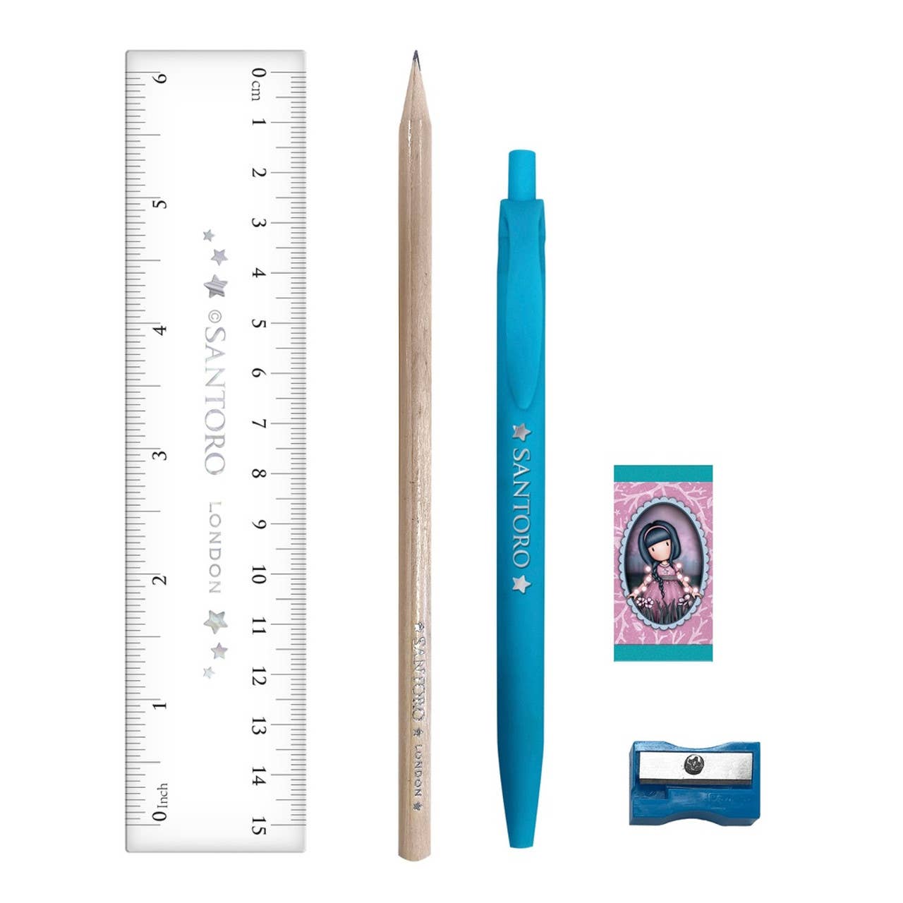 Pencil, blue pen, ruler, eraser, and sharpener on a white background