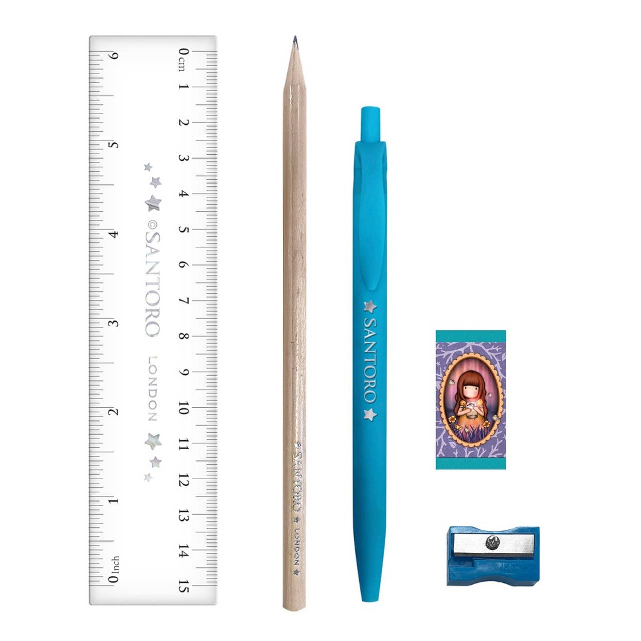Pencil, blue pen, ruler, and sharpener on a white background